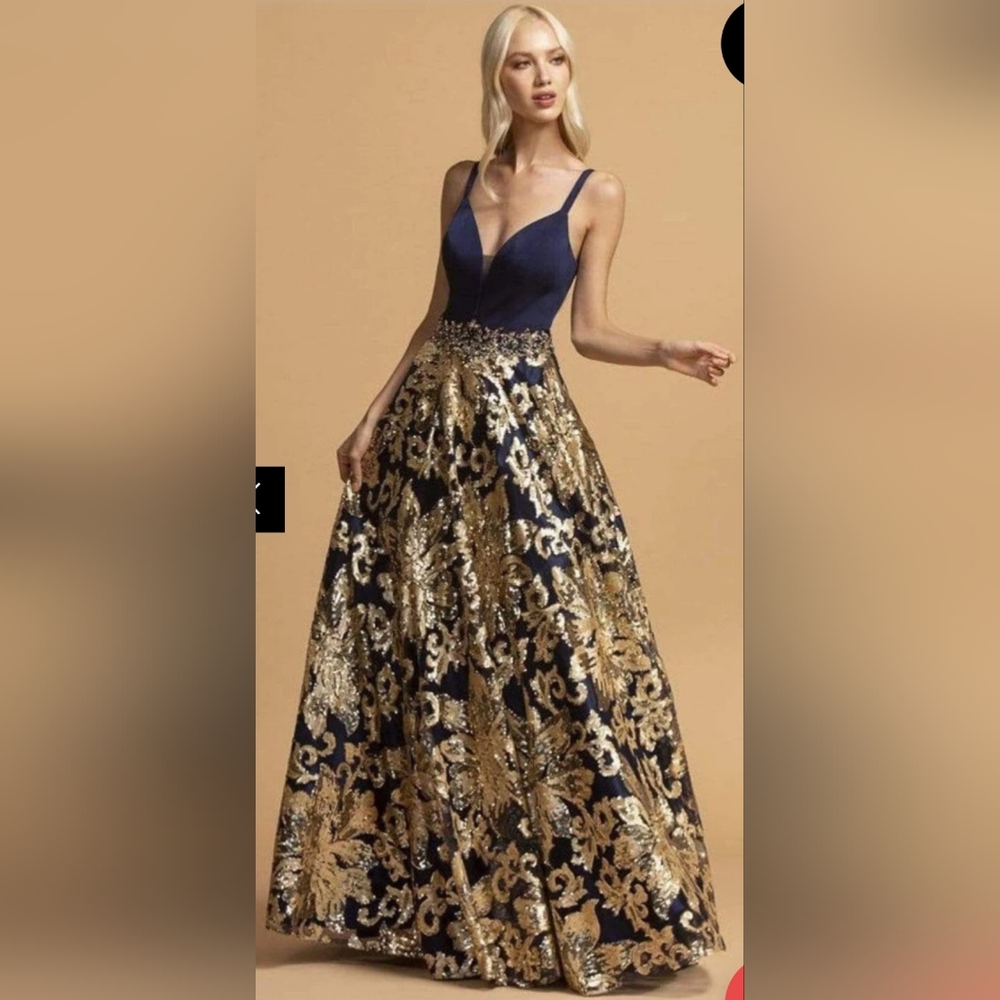 Aspeed Navy and Sequin Appliqued  Prom Dress Size XS